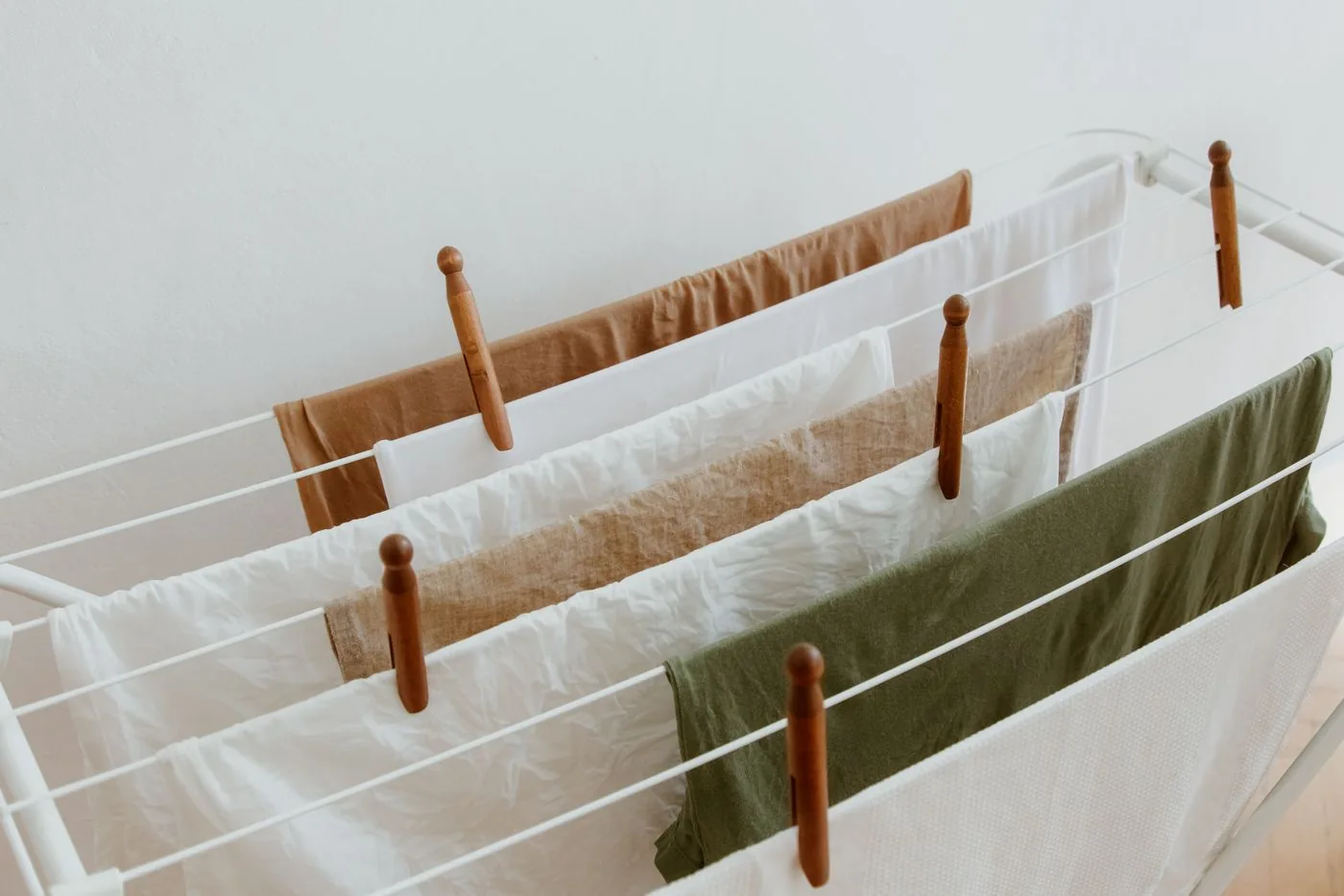Clothing hanging on an indoor drying rack